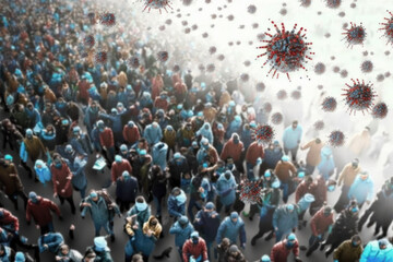 Obraz premium coronavirus spreading on air on crowd of people. virus infection and pandemic concept. generative ai