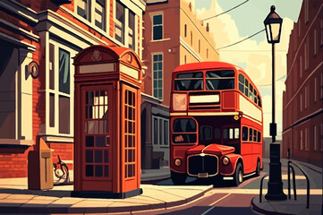 Obraz na płótnie Canvas london town street, red bus, red phone booth. Generative AI