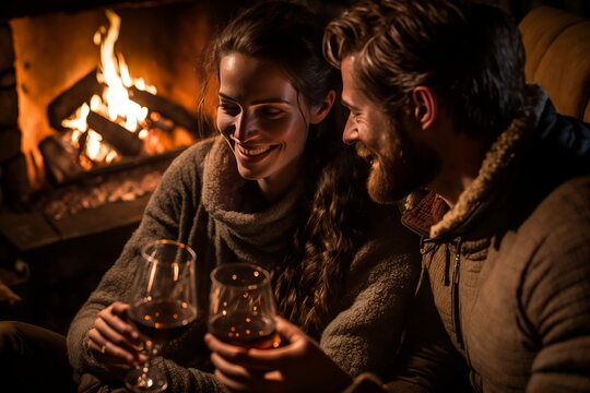 couple d'amoureux en train de trinquer devant un feu de chemin&eacute;e dans un chalet de montagne - illustration ia