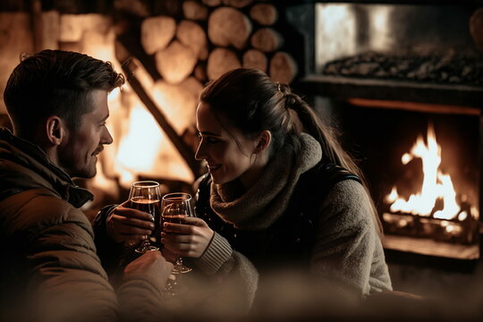 couple d'amoureux en train de trinquer devant un feu de cheminée dans un chalet de montagne - illustration ia