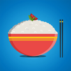 Asian food. A bowl of rice with chopsticks. Food vector illustration. Diet food. Traditional rice dish.