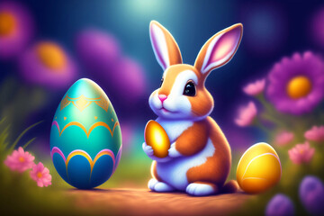 Cute easter bunny with colorful chocolate eggs and flowers. Generative AI.