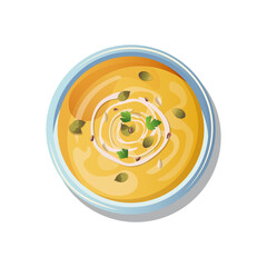 Asian food. Food vector illustration. Pumpkin cream soup. Diet food. Pumpkin dishes for vegans. Soup menu.