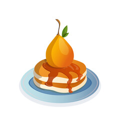 American pancakes. Pancakes with maple syrup and pear. Food vector. Traditional dessert. Baking vector. Pear dessert. Food icon.