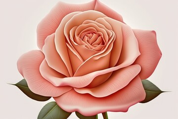 Beautiful natural pink rose in front top macro shot in daylight on a white background. Generative AI