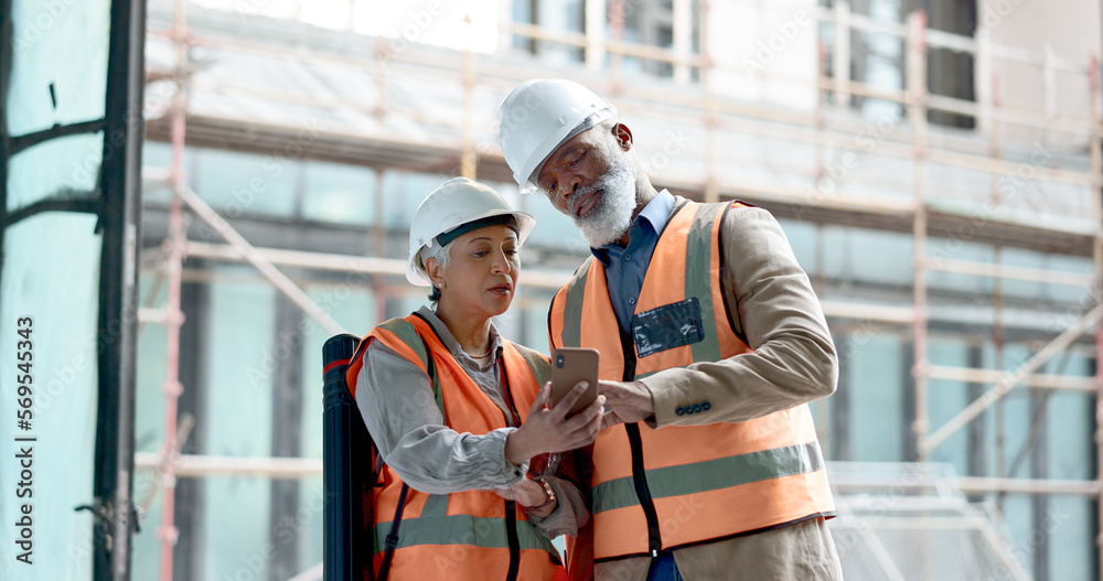 Poster engineer, building construction and phone with inspection workers talking and planning on internet, 
