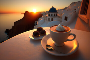 Cup of delicious coffee and dessert on blurred background of Santorini, Greece and fantastic seascape. Romantic evening view. Based on Generative AI - obrazy, fototapety, plakaty