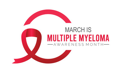 Multiple Myeloma Awareness Calligraphy Poster Design. Realistic Burgundy Ribbon. March is Cancer Awareness Month. Vector Illustration background design.