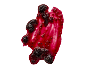 Abstract smear and stain of black currant jam isolated on white, transparent background, top view, PNG