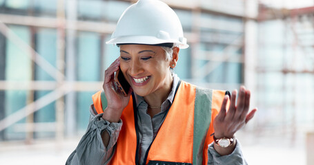 Construction site, contractor and happy woman developer phone call planning for logistics,...