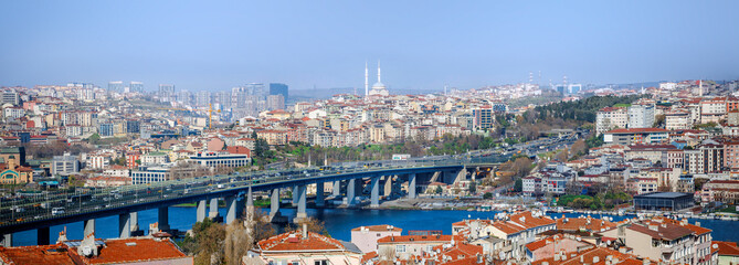 Istanbul Turkey. Panoramic view of Golden Horn and old districts of Istanbul from Galata. Beautiful cityscape and landscape of Istanbul. Scenic panorama of Istanbul city in summer.