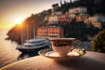 Cup of delicious coffee on blurred background of Portofino, Italy. Romantic evening view. Based on Generative AI - obrazy, fototapety, plakaty