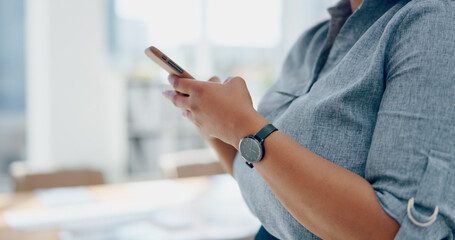 Business woman, hands and phone in social media texting for communication, chatting or browsing at the office. Hand of female employee typing, searching or online conversation on mobile smartphone