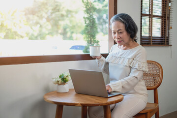 Elderly women sit and relax, stressed, watching series on laptops, reading and taking notes in notebooks and sipping tea happily inside the house with the brightest light and fresh air.