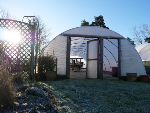 Polytunnel in a frosty morning, photographed in February 2023. Suffolk, UK