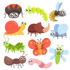 Cartoon insects. Fly bug, cute butterfly and beetle. Funny garden animals. Ant bumblebee and spider ladybug for children illustration