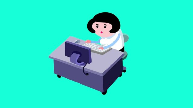 Cartoon office employee  woman at the desk isolated &ndash; explainer style color. One worker. He is working all day with no break. Seamles loop of the futuristic society. Alpha channel.