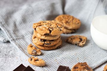 Cookies with pieces of chocolate. On a gray background