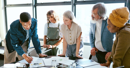 Business people, tablet and teamwork for planning, strategy and ideas by desk in modern office for...