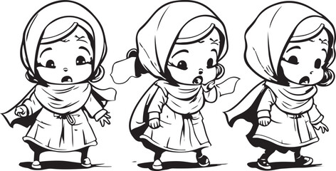 Little hijab girls with multiple poses and expressions sketch