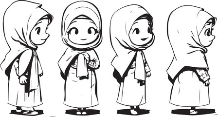 Little hijab girls with multiple poses line art sketch