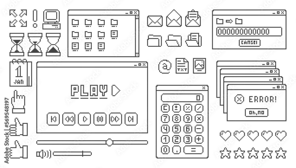 Wall mural old computer interface elements set. retro pc windows, with buttons. vector illustration in pixel st