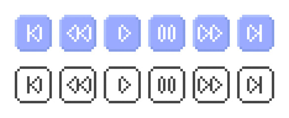 Retro set of video, audio buttons. Vector illustration in pixel style.