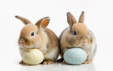 Fototapeta na wymiar Cute Easter bunnies with eggs. Generative AI 
