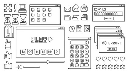 Old computer interface elements set. Retro pc windows, with buttons. Vector illustration in pixel style.