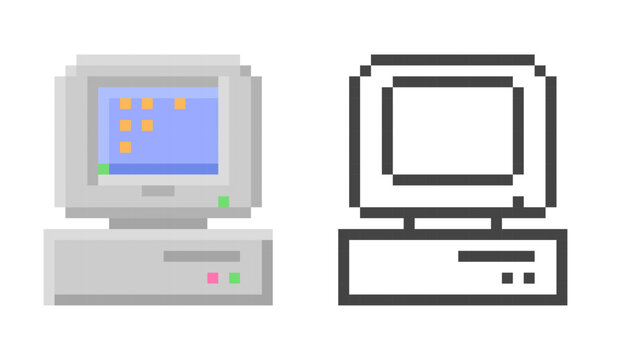 Retro computer icon. Vector illustration in pixel style.