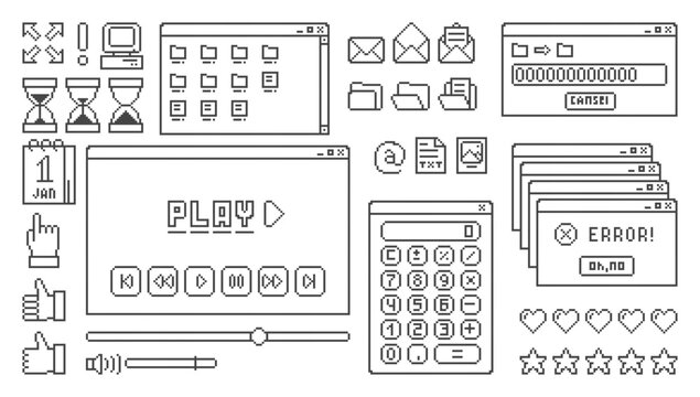 Old computer interface elements set. Retro pc windows, with buttons. Vector illustration in pixel style.