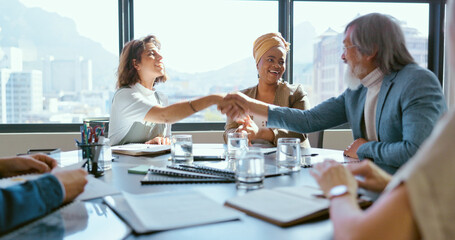 Business people, handshake or office contract success in marketing office, advertising agency or...