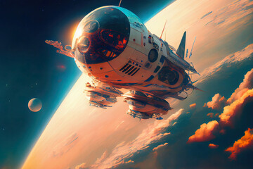 Futuristic space ship orbiting planet. Digitally generated AI image