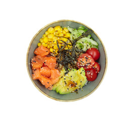 Poke with salmon, corn and avocado. A balanced lunch, a varied diet. Isolate, top view