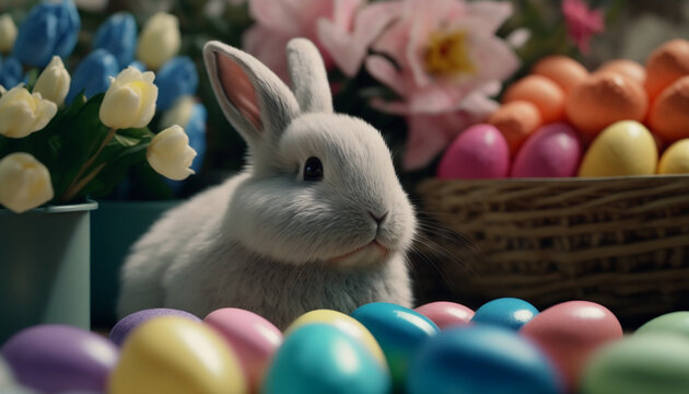 easter bunny with egg in a field with sping flowers