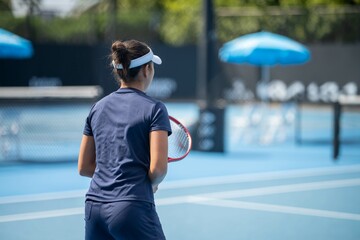 female Professional athlete Tennis player playing on a court in a tennis tournament in summer in...
