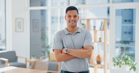Fototapeta premium Businessman, ceo and corporate worker with success and face in Los Angeles office, executive and entrepreneur. Smile, workplace and career satisfaction, professional portrait and leadership vision.