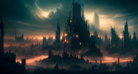 Fototapeta premium AI Digital Illustration Post Apocalyptic Cityscape