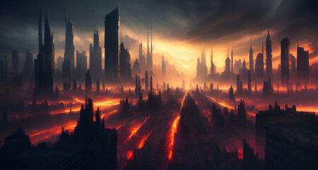 Naklejka premium AI Digital Illustration Post Apocalyptic Cityscape