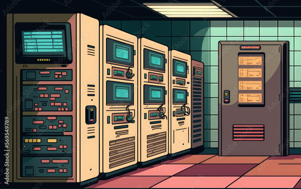 Poster a server room with internet computer racks. generative ai