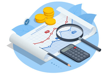 Isometric business analysis, analytics, research, strategy statistic, planning, marketing, study of performance indicators. Audit, insurance, financial consultant and analyst. Data and investments. - obrazy, fototapety, plakaty