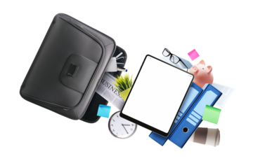 Briefcase and office supplies falling out