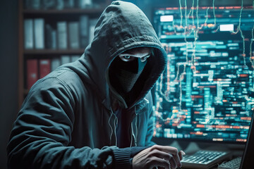 Anonymous hacker with hood and mask inside of data center. Postproducted generative AI digital illustration.