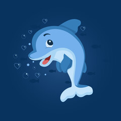 Cute dolphin Vector illustration of sea animals on a blue background with bubbles and hearts.