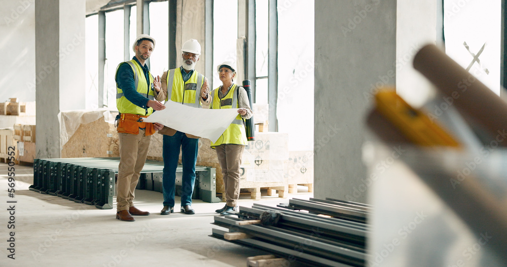 Poster Building, construction and architect with a team working on site while reading a blueprint or plans indoors. Teamwork, engineer and architecture with a man and woman contractor group in collaboration
