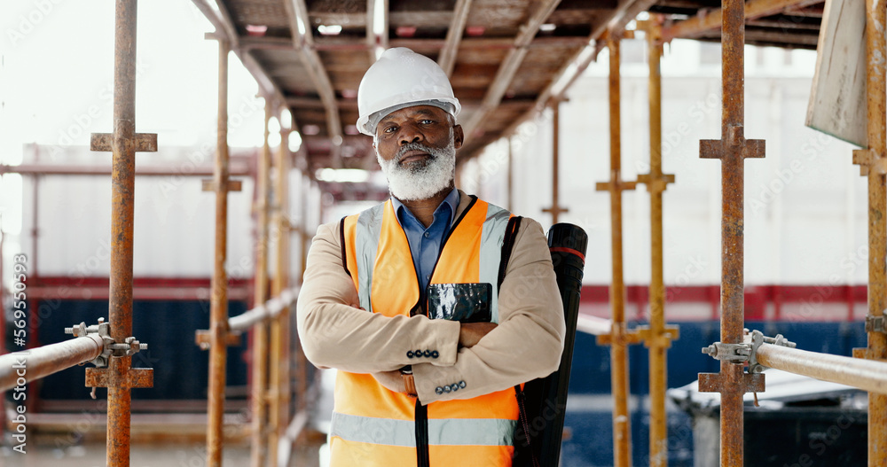 Poster Construction, building and mature architect with design, vision and idea for development while working at a construction site. Portrait of elderly industrial worker with arms crossed for architecture
