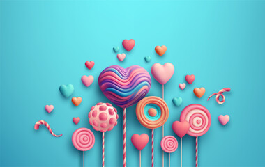 Happy Valentines Day greeting with candy, sweets, heart shaped lollipops. 3d realistic scene. Web Site Design, Landing Page. Vector illustration