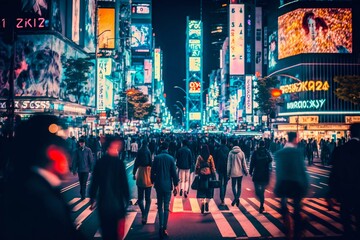 Neon night city Shibuya crossing in Tokyo. Generative AI