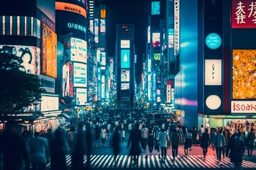 Neon night city Shibuya crossing in Tokyo. Generative AI