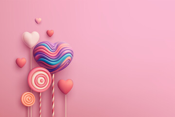 Happy Valentines Day greeting with candy, sweets, heart shaped lollipops. 3d realistic scene. Web Site Design, Landing Page. Vector illustration